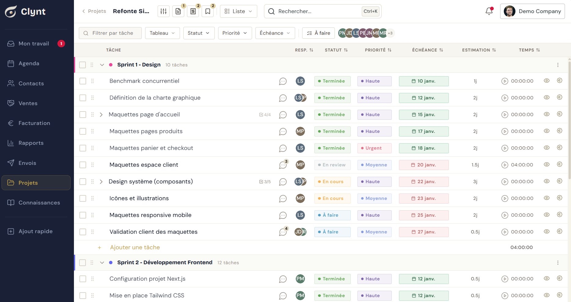 Interface Clynt — Gestion de projet avec liste de tâches, statuts et suivi du temps